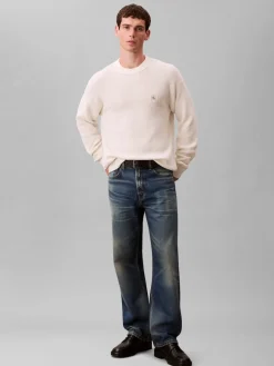 Calvin Klein Jeans miesten neulepusero LS EZ Cotton Waffle Crwnk Swtr 9, luonnonvalkoinen