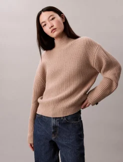 Calvin Klein Jeans naisten neulepusero, CHUNKY WOOL BLEND T NECK SWEATER Luonnonvalkoinen