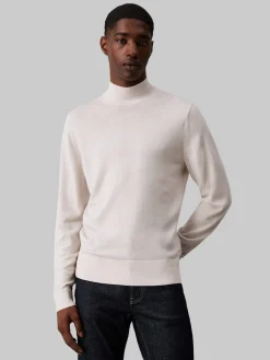 Calvin Klein Menswear Miesten Neulepusero, MERINO RWS MOCK NECK SWEATE Luonnonvalkoinen