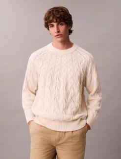 Calvin Klein Menswear miesten neulepaita LS LAMBSWOOL BLENDCABLE CREWNK, luonnonvalkoinen