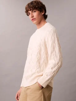 Calvin Klein Menswear miesten neulepaita LS LAMBSWOOL BLENDCABLE CREWNK, luonnonvalkoinen