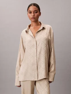 Calvin Klein naisten pyjamasetti K-SATIN AOP SET, vaalea beige