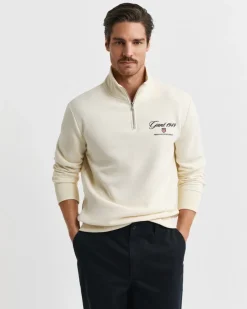 Gant Miesten Collegepusero Graphic Half Zip, Luonnonvalkoinen