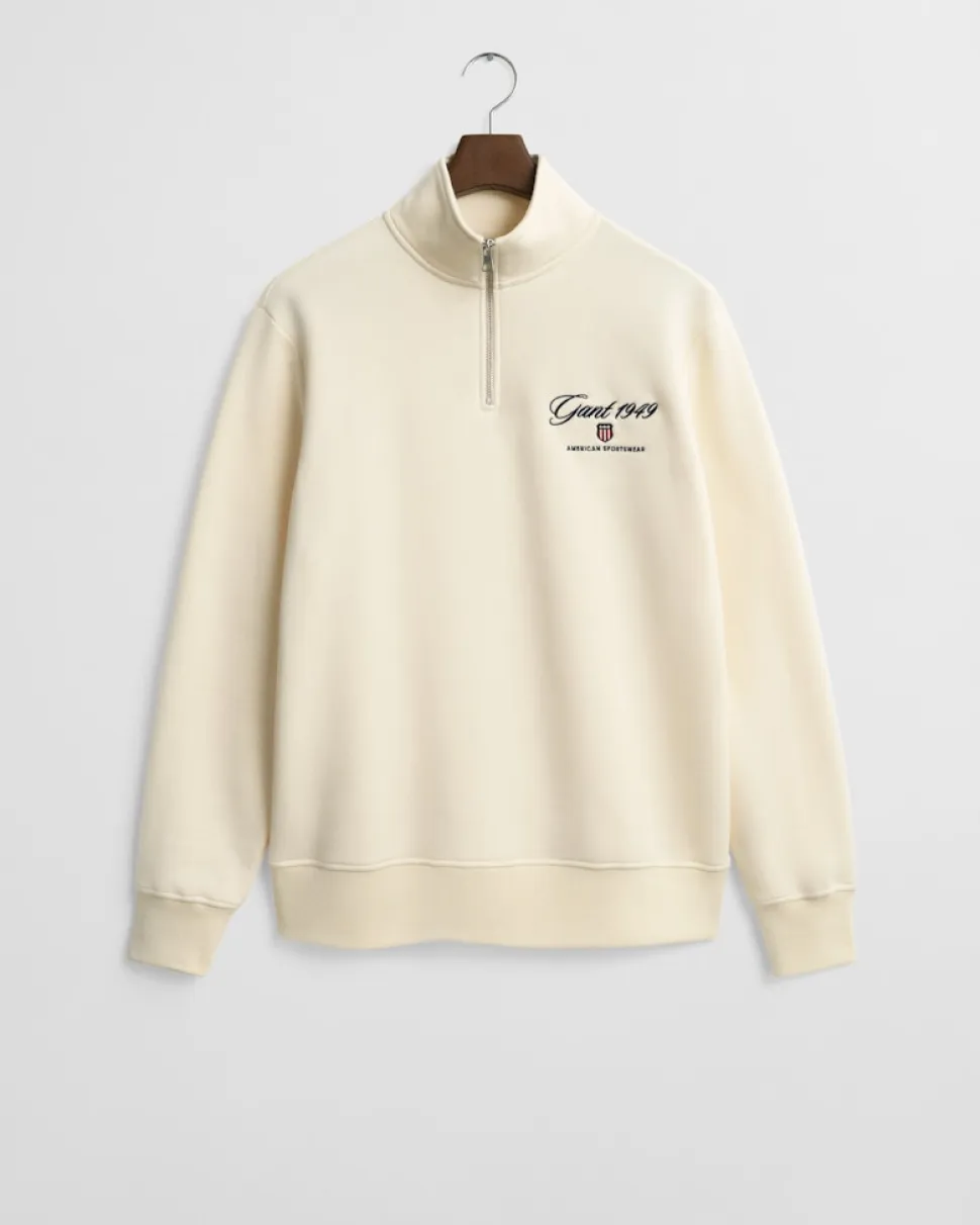 Gant Miesten Collegepusero Graphic Half Zip, Luonnonvalkoinen