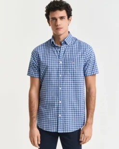Gant miesten lyhythihainen kauluspaita, REG CLASSIC POPLIN SS SHIRT Sininen Ruutu