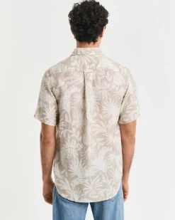 Gant miesten lyhythihainen kauluspaita, REG BOTANICAL LINEN PRINT SS T-SHIRT Ruskea Kuosi
