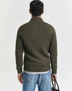 Gant miesten neule, COTTON CABLE HALF ZIP Tummanvihreä