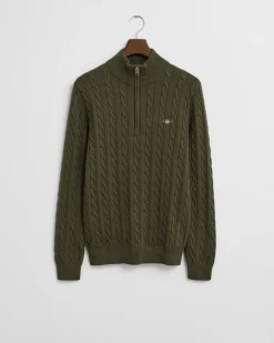 Gant miesten neule, COTTON CABLE HALF ZIP Tummanvihreä