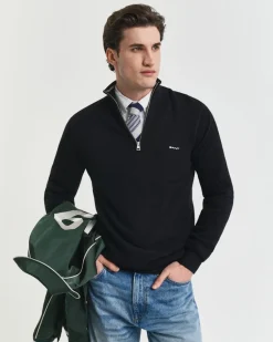 Gant miesten neule, COTTON PIQUE HALF ZIP Musta