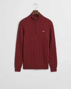 Gant miesten neule, COTTON CABLE HALF ZIP Tumma Luumunpunainen