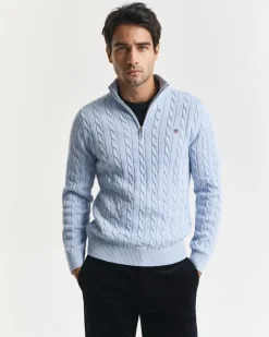 Gant miesten neule, COTTON CABLE HALF ZIP Vaaleansininen