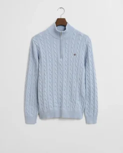 Gant miesten neule, COTTON CABLE HALF ZIP Vaaleansininen