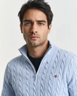 Gant miesten neule, COTTON CABLE HALF ZIP Vaaleansininen