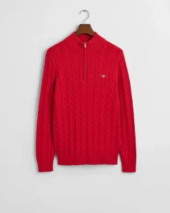 Gant miesten neule, COTTON CABLE HALF ZIP Punainen
