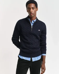 Gant miesten neule, COTTON CABLE HALF ZIP Tummansininen