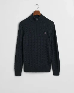 Gant miesten neule, COTTON CABLE HALF ZIP Tummansininen