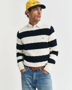Gant miesten neule, STRIPED COTTON CABLE C-NECK Raidallinen Sininen