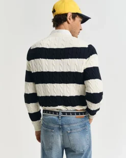 Gant miesten neule, STRIPED COTTON CABLE C-NECK Raidallinen Sininen