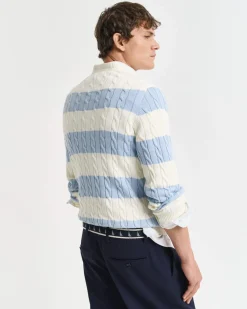 Gant miesten neule, STRIPED COTTON CABLE C-NECK Raita Vaaleansininen
