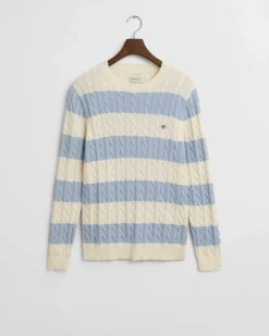 Gant miesten neule, STRIPED COTTON CABLE C-NECK Raita Vaaleansininen