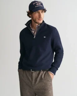 Gant Miesten Neulepusero, COTTON MICRO TEXTURED HALF ZIP Tummansininen