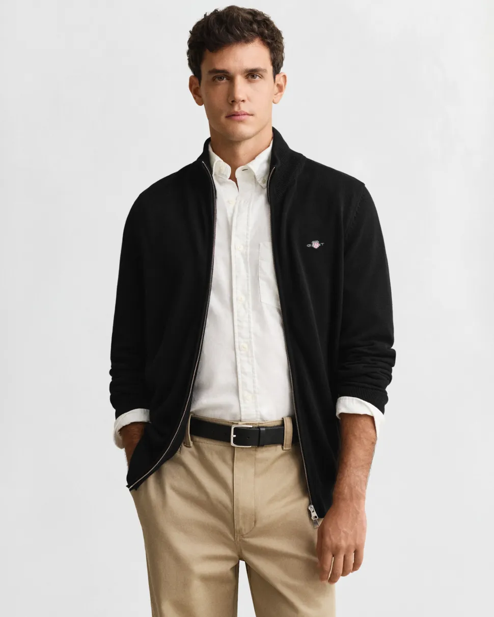 Gant miesten neuletakki Casual Cotton Zip Cardigan, musta