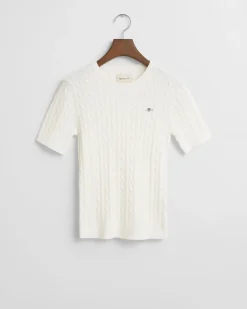 Gant naisten lyhythihainen neulepusero, STRETCH COTTON CABLE SS C-NECK Luonnonvalkoinen