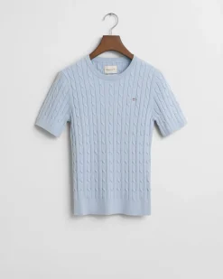 Gant naisten lyhythihainen neulepusero, STRETCH COTTON CABLE SS C-NECK Vaaleansininen