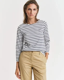 Gant naisten paita, REG BRETON C-NECK T-SHIRT Raidallinen Valkoinen