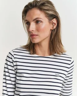 Gant naisten paita, REG BRETON C-NECK T-SHIRT Raidallinen Valkoinen
