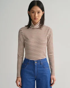 Gant Naisten PooloPaita, SLIM STRIPED RIBBED TURTLENECK Raidallinen Ruskea