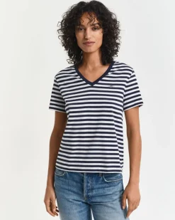 Gant naisten t-paita, REG STRIPED SHIELD V-NECK T-SHIRT Raidallinen Sininen