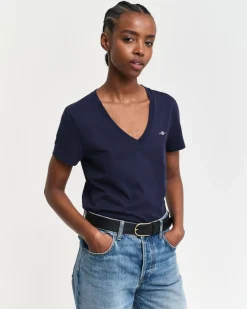 Gant naisten t-paita, REG SHIELD SS V-NECK T-SHIRT Tummansininen