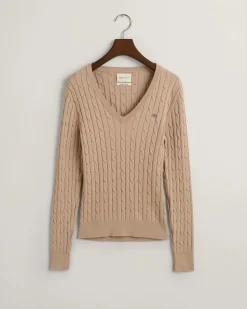 Gant neule, STRETCH COTTON CABLE V-NECK Vaalea Beige