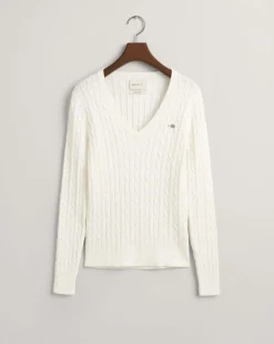 Gant neule, STRETCH COTTON CABLE V-NECK Valkoinen