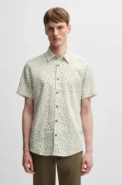 Hugo Boss miesten lyhythihainen kauluspaita,ROAN STRECH COTTON LINEN Vihreä Kuosi