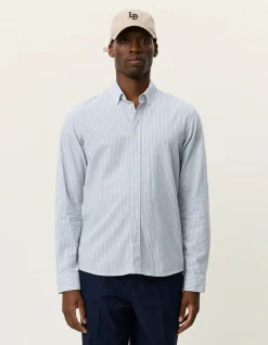 Les Deux miesten kauluspaita Konrad Stripe Cotton Linen Shirt, raidallinen sininen