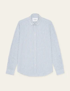 Les Deux miesten kauluspaita Konrad Stripe Cotton Linen Shirt, raidallinen sininen