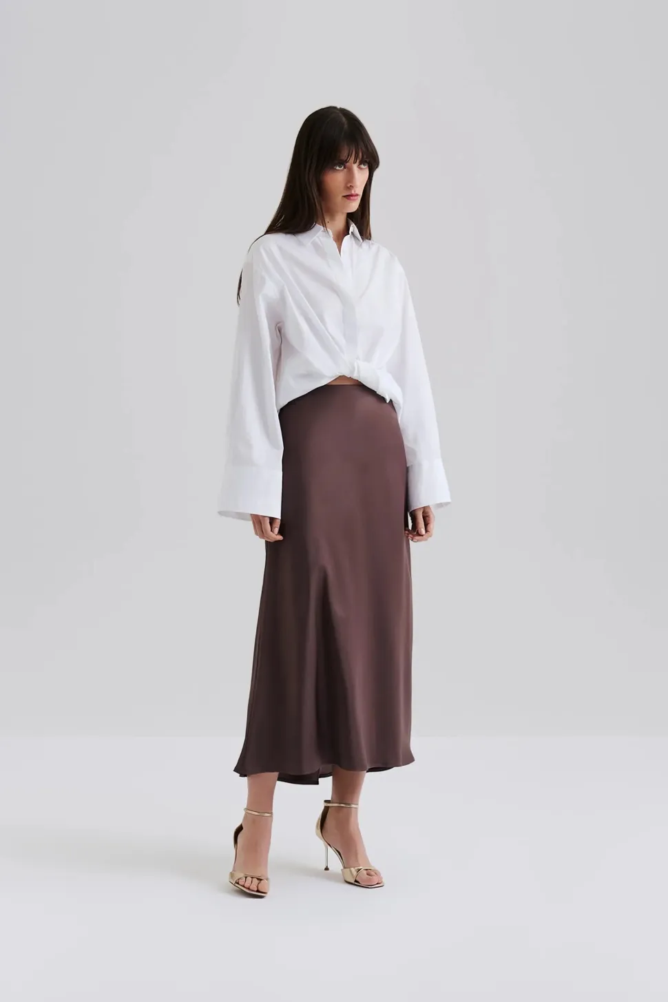 Malina naisten hame, AUBREE SATIN MAXI SKIRT Tummanruskea