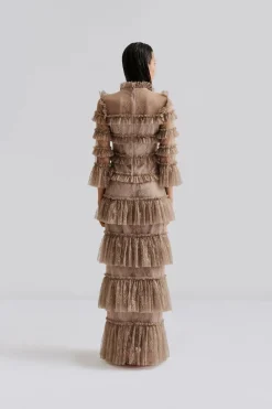 Malina naisten mekko, CARMINE LONG SLEEVE LACE MAXI DRESS Ruskeanharmaa