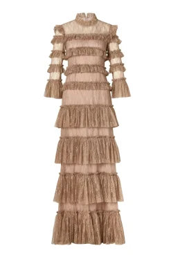 Malina naisten mekko, CARMINE LONG SLEEVE LACE MAXI DRESS Ruskeanharmaa