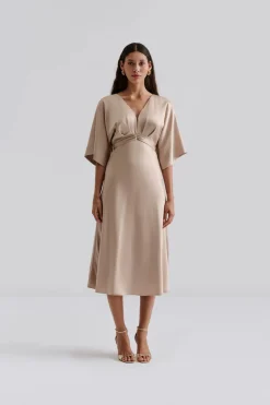 Malina naisten mekko, JUNO V-NECK SATIN MIDI DRESS Beige