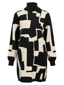 Object Naisten Neulemekko, OBJRAY L/S KNIT ROLLNECK DRESS AOP NOOS Black Sandshell Grap