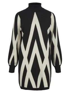 Object Naisten Neulemekko, OBJRAY L/S KNIT ROLLNECK DRESS AOP NOOS Black Sandshell Grap