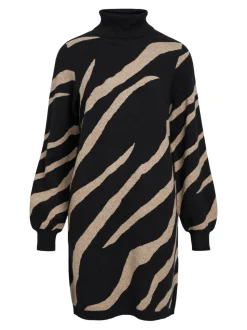 Object Naisten Neulemekko, OBJRAY L/S KNIT ROLLNECK DRESS AOP NOOS Musta Kuosi