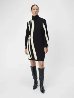 Object Naisten Neulemekko, OBJRAY L/S KNIT ROLLNECK DRESS AOP NOOS Black Sandshell Vert