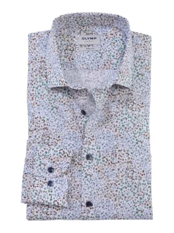 Olymp Level Five Kauluspaita, Body fit Valkopohjainen Kuosi