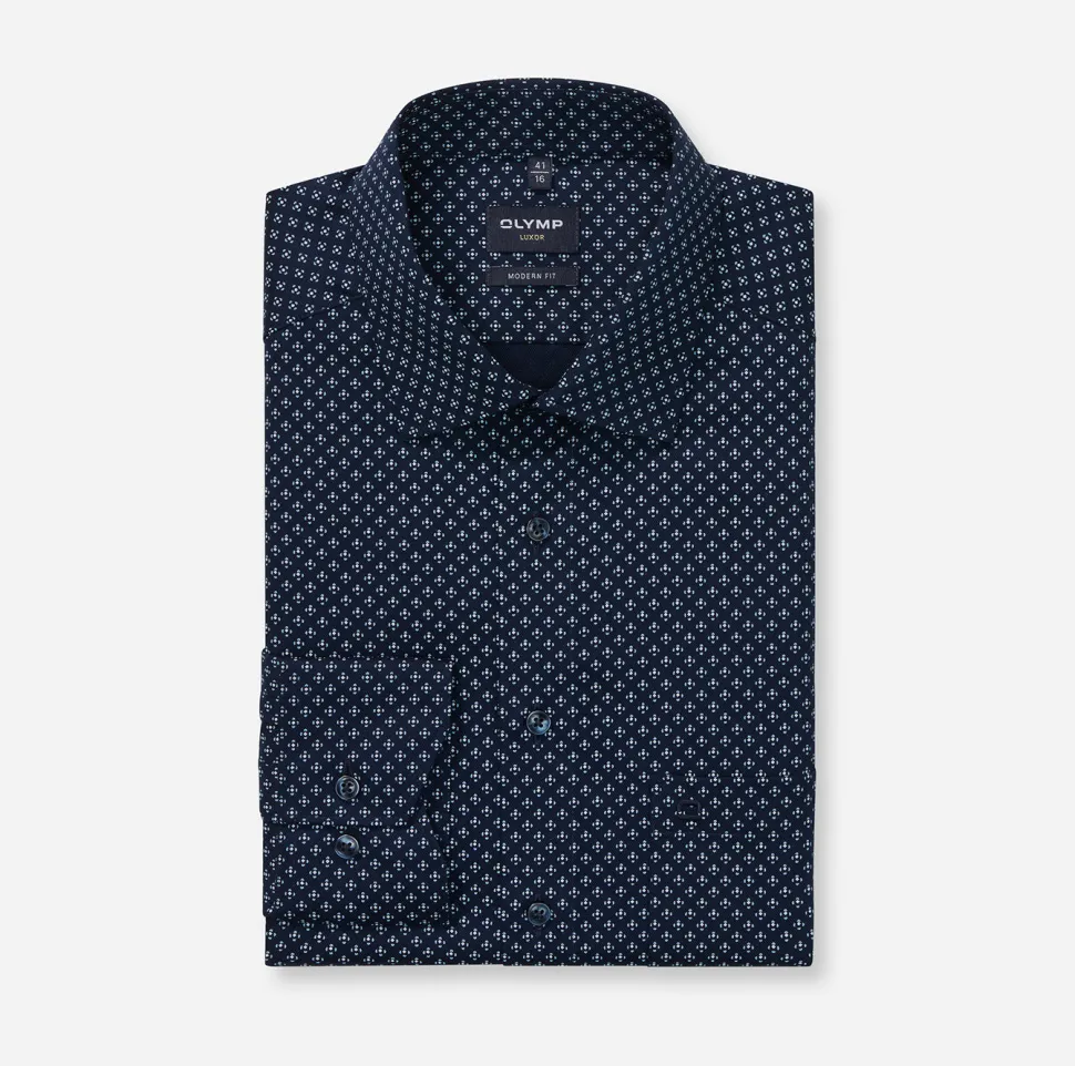 Olymp miesten kauluspaita, 042 LUXOR MODERN FIT MICROPRINT Tummansininen