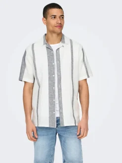 Only and Sons Miesten Kauluspaita, CAIDE STRIPE LINEN SHIRT NOS Raidallinen Harmaa