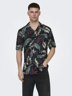 Only and Sons miesten kauluspaita, WAYNE LIFE VISCOSE SHIRT Musta Kuosi